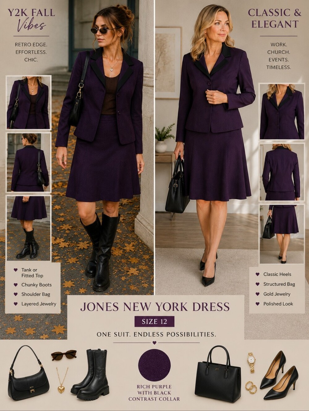 Jones New York Dress Vintage Y2K Plum Purple Skirt Suit Black Contrast Size 12